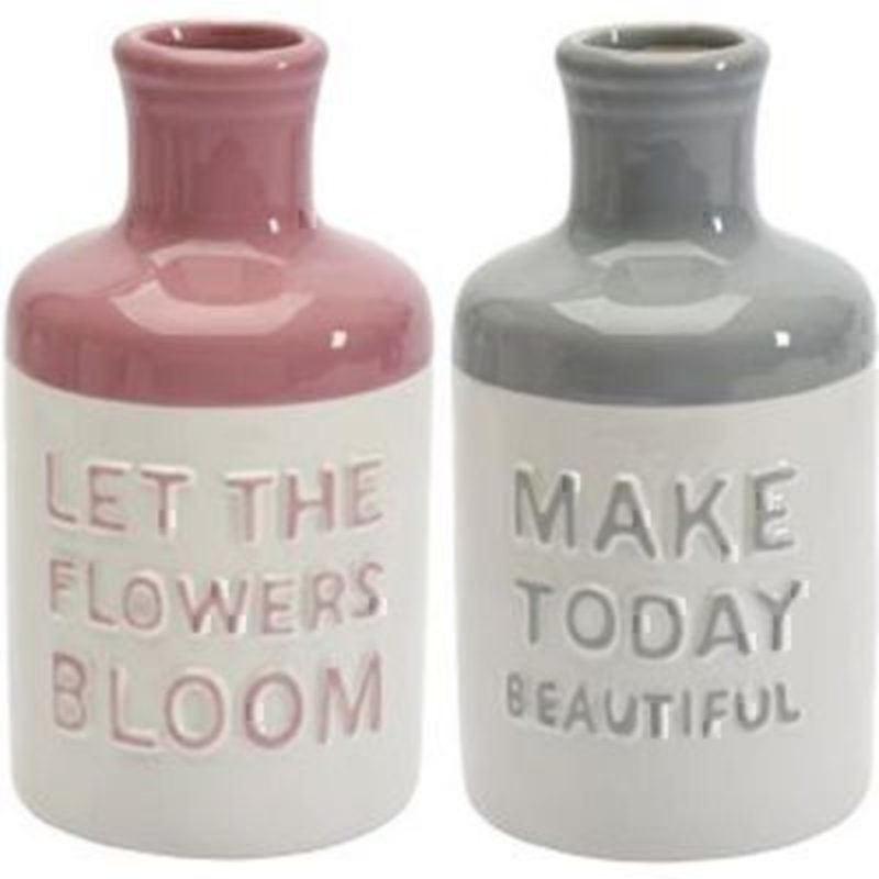Choice of Varano Vase with a Message on by Transomnia. Grey or pink ceramic vase with a message written on the front. A choice of message - 